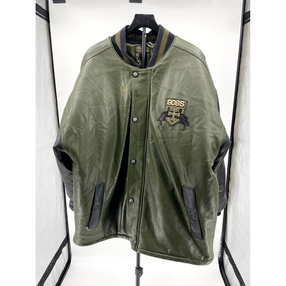 Vintage Boss Varsity Jacket Mens Large Olive Green Black Bomber Neck Snap Front